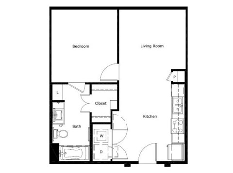 Floor plan for 1 bed, 1 bath, 746 sqft